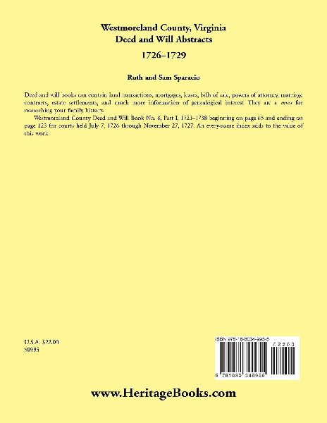 Westmoreland County, Virginia Deed and Will Abstracts, 1726-1729 