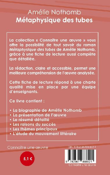 Fiche de lecture Métaphysique des tubes de Amélie Nothomb (Analyse littéraire de référence et résumé complet) 